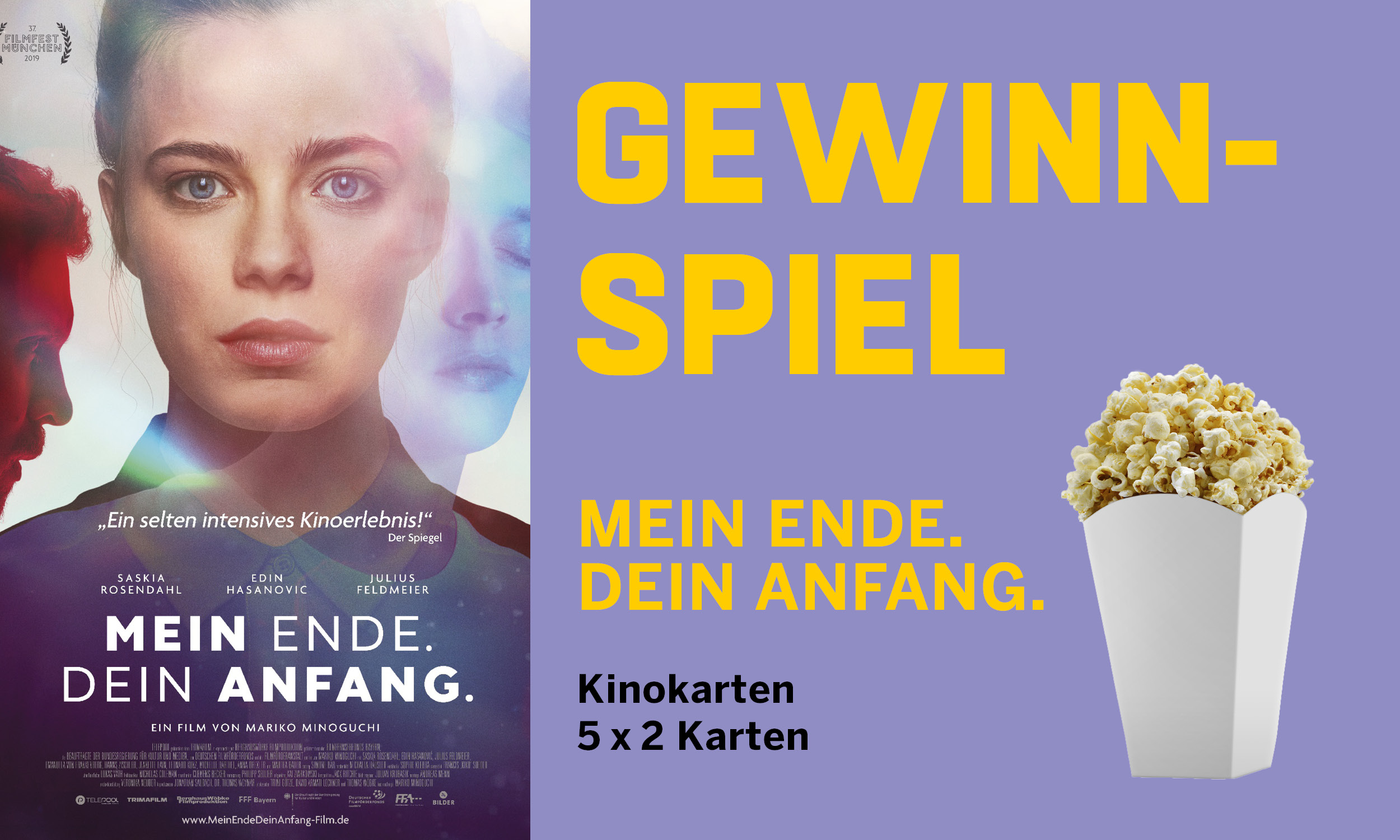 Für den Kinofilm MEIN ENDE - DEIN ANFANG verlost das STUDIERENDENWERK 5x2 Kinokarten. Für Studierende der Universität Duisburg-Essen, der Folkwang Universität der Künste und der Hochschule Ruhr West.